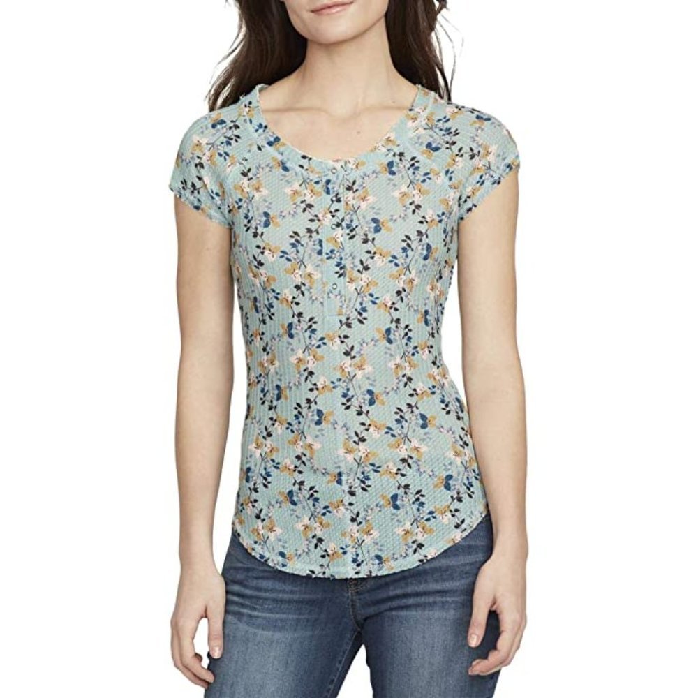 William Rast Henley Chionois Green Floral Top Geneva Cotton Blend Textured L